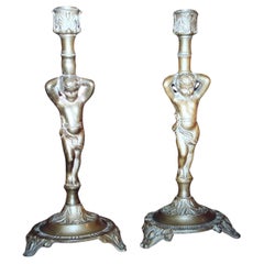 Pair 19thc French NapoleonIII Bronze Putto/ Cherub Candle Holders