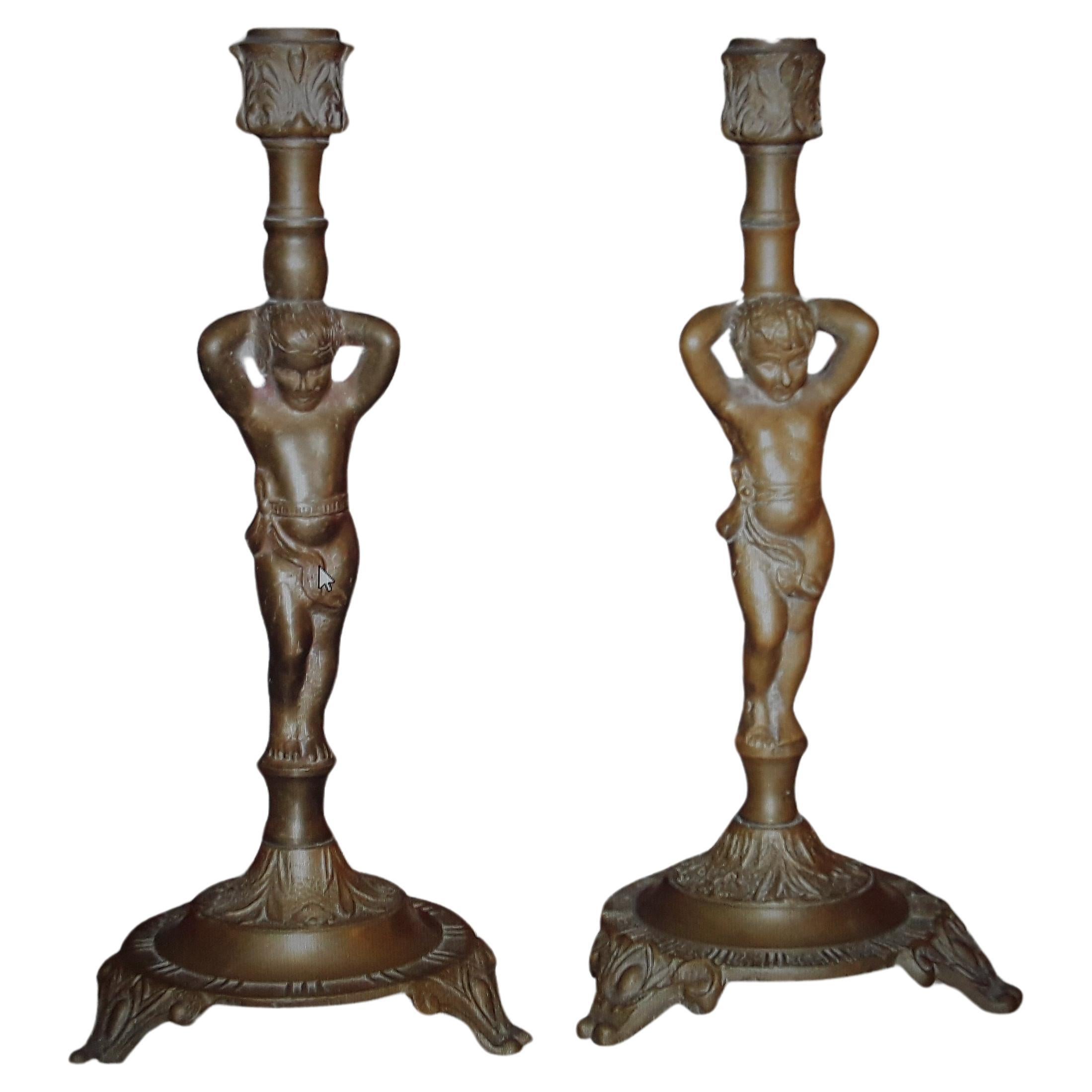 Pair 19thc French NapoleonIII Bronze Putto/ Cherub Candle Holders For Sale