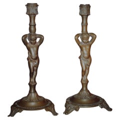 Antique Pair 19thc French NapoleonIII Bronze Putto/ Cherub Candle Holders