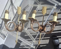 Pair 19thc French Neoclassic Gilt Bronze Horns & Arrow Wall Sconces