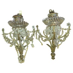 Antique Pair 19thc French Regency Bronze with Cut Crystal Single Light Wall Sconces