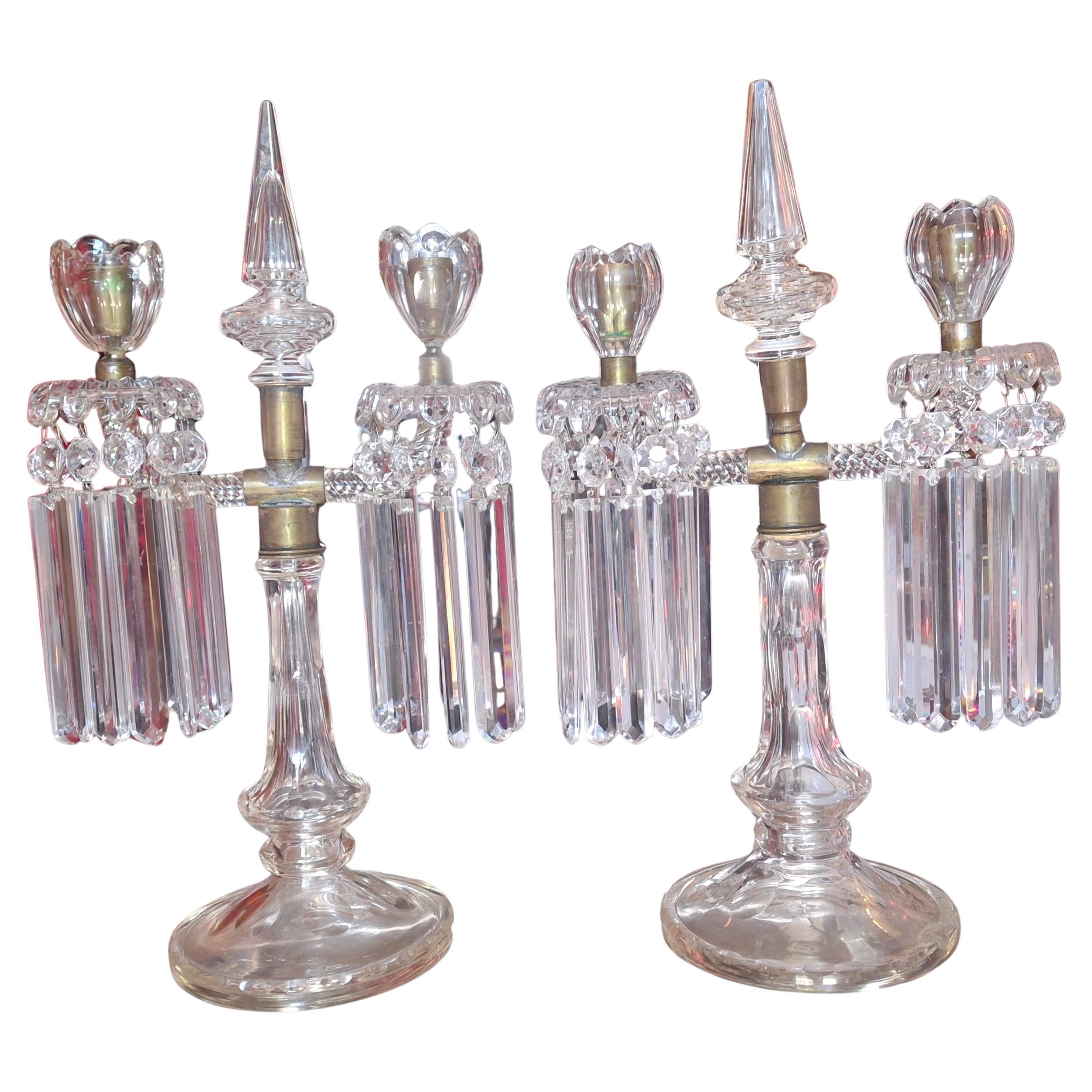 Pair 19thc French Regency Cut Glass Cut Crystal Candelabra attrib. St Louis