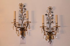 Pair Vintage French Rock & Clear Crystal Floral Form Wall Sconces