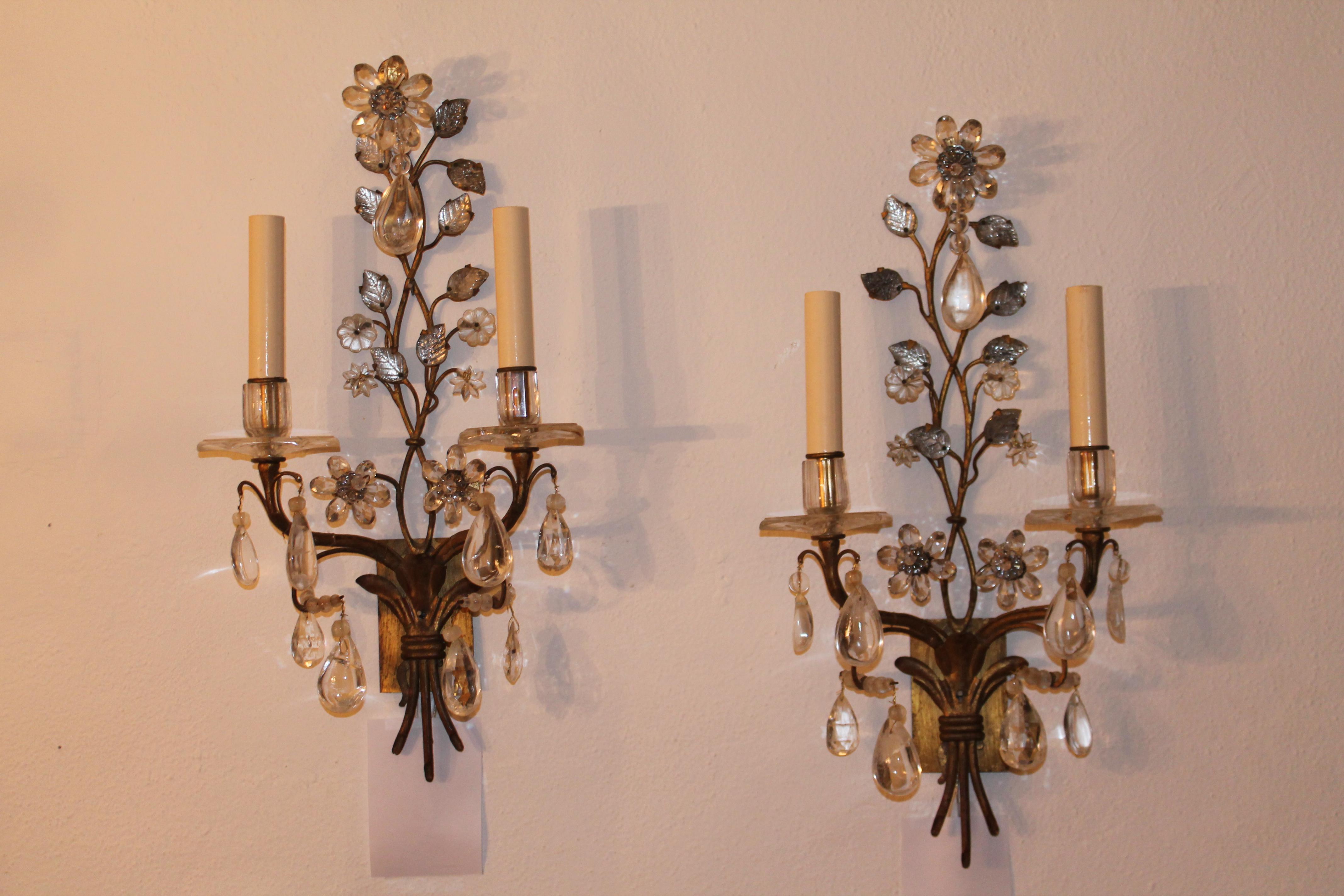 Napoleon III Pair 19thc French Rock & Clear Crystal Floral Form Wall Sconces Maison Bagues For Sale