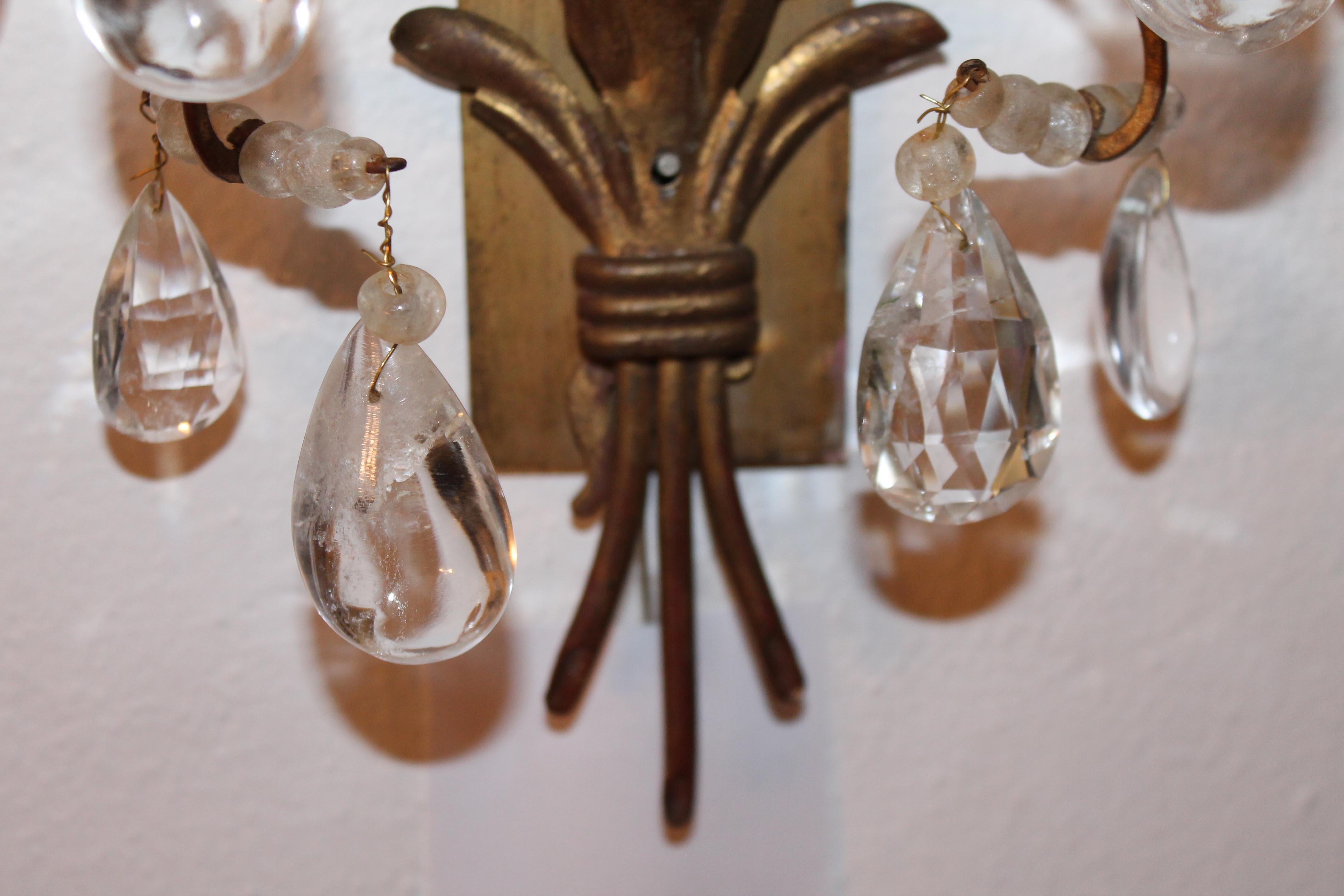 Pair 19thc French Rock & Clear Crystal Floral Form Wall Sconces Maison Bagues In Good Condition For Sale In Opa Locka, FL