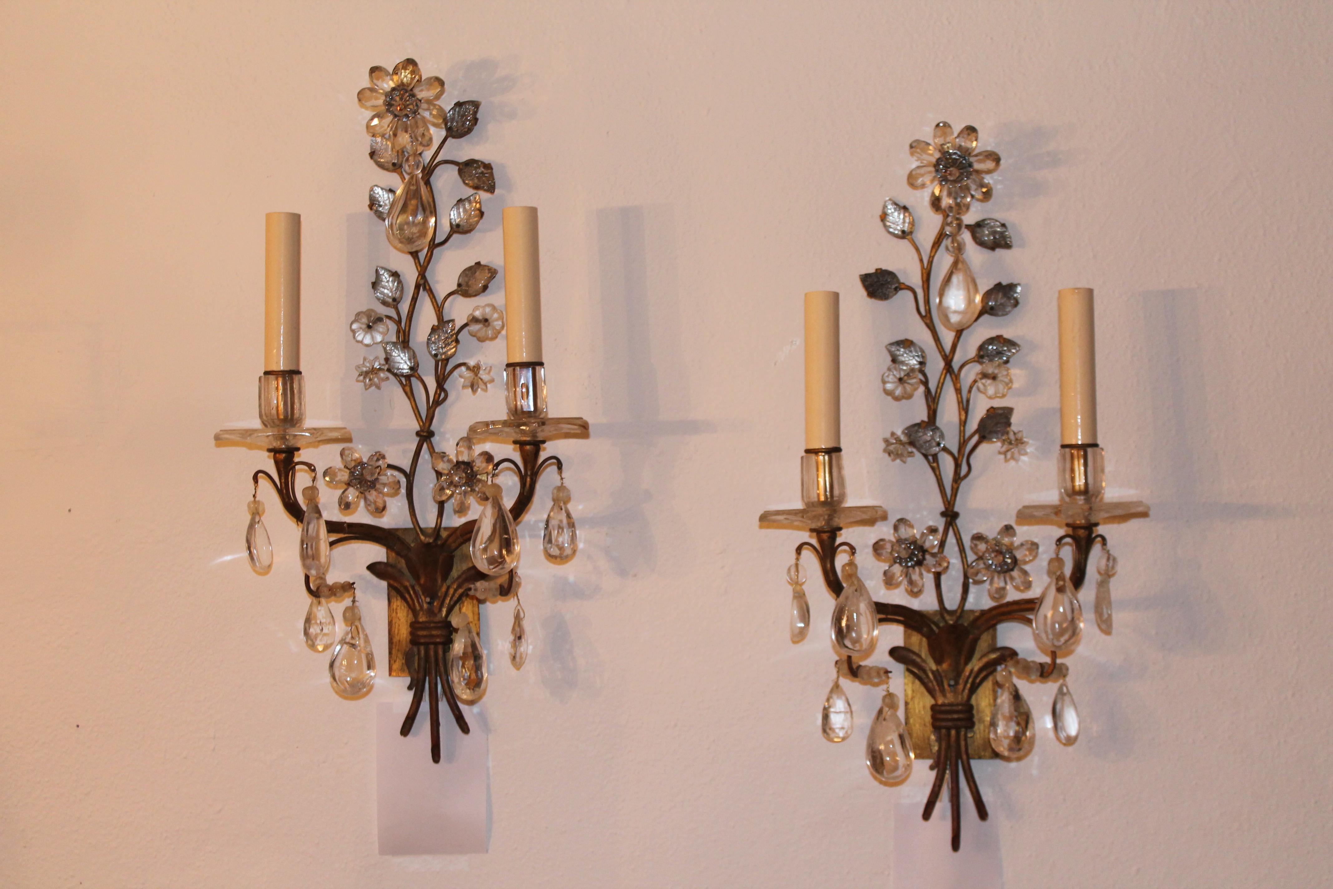Late 19th Century Pair 19thc French Rock & Clear Crystal Floral Form Wall Sconces Maison Bagues For Sale