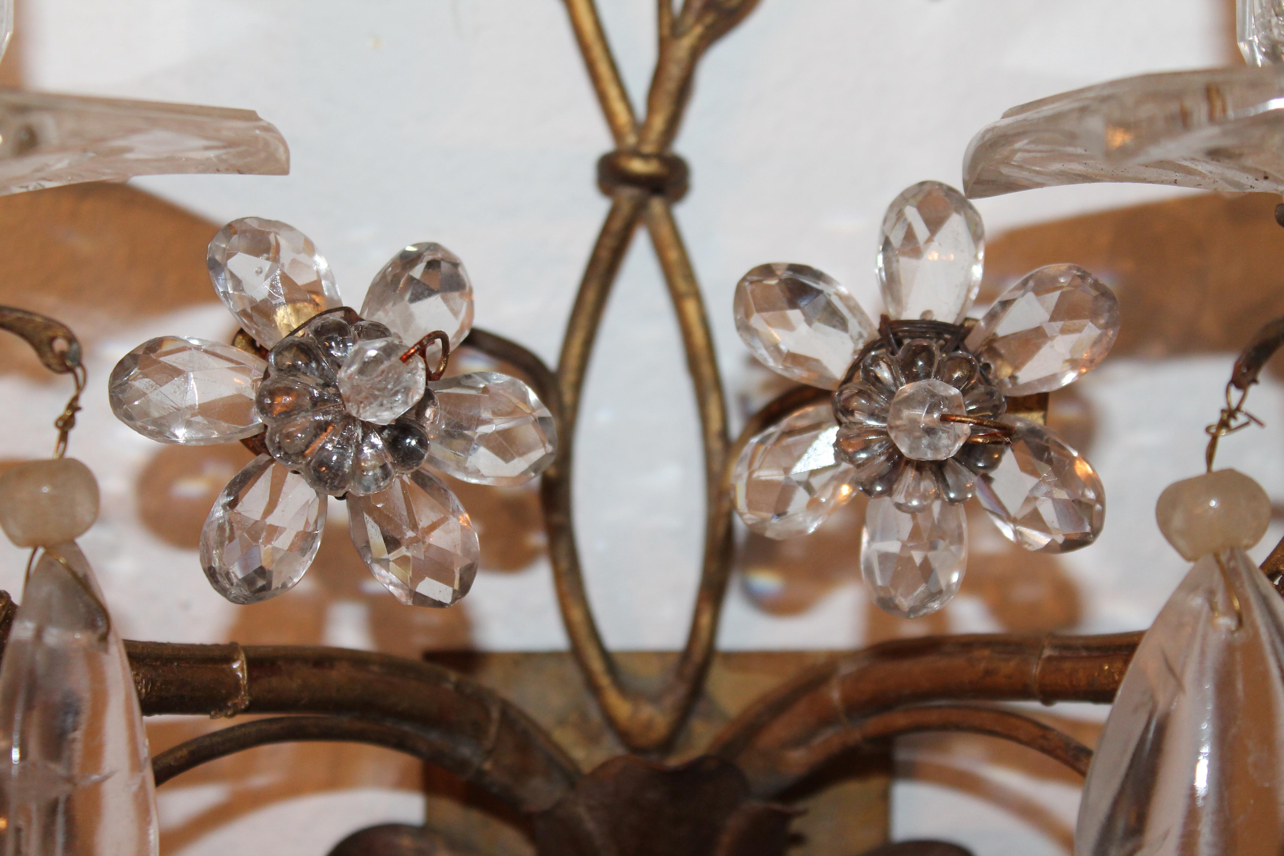 Bronze Pair 19thc French Rock & Clear Crystal Floral Form Wall Sconces Maison Bagues For Sale