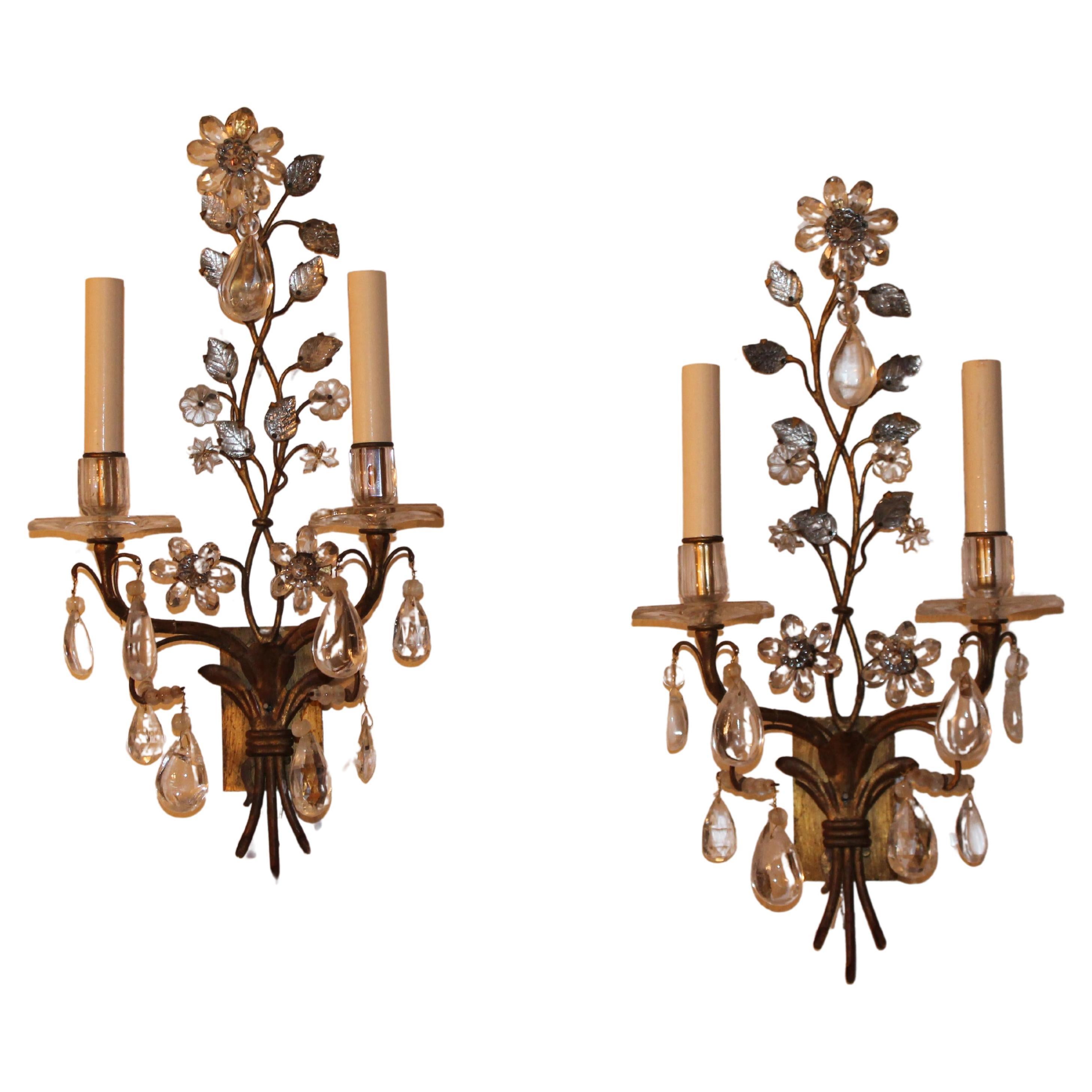 Pair 19thc French Rock & Clear Crystal Floral Form Wall Sconces Maison Bagues For Sale