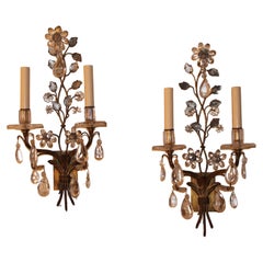 Pair 19thc French Rock & Clear Crystal Floral Form Wall Sconces Maison Bagues