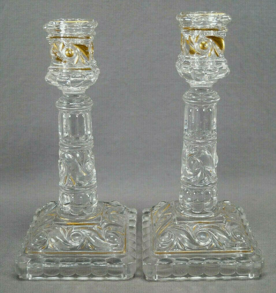 Pair 19thc French Signed Baccarat Russo Pattern Flint Glassw/Gilt Candle Holders For Sale 5