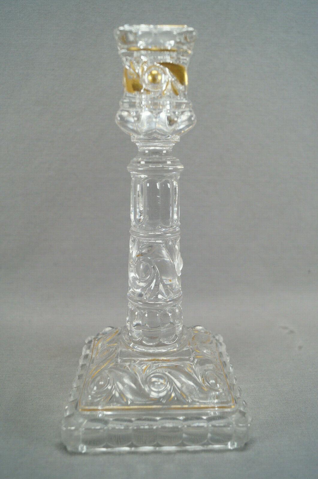 Art Glass Pair 19thc French Signed Baccarat Russo Pattern Flint Glassw/Gilt Candle Holders For Sale