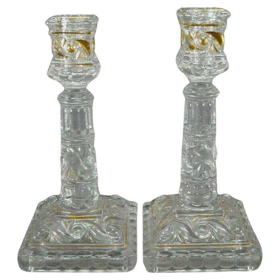 Pair 19thc French Signed Baccarat Russo Pattern Flint Glassw/Gilt Candle Holders For Sale