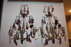 Pair 19thc French Silvered Bronze Louis XV Crystal Fruit Wall Sconces