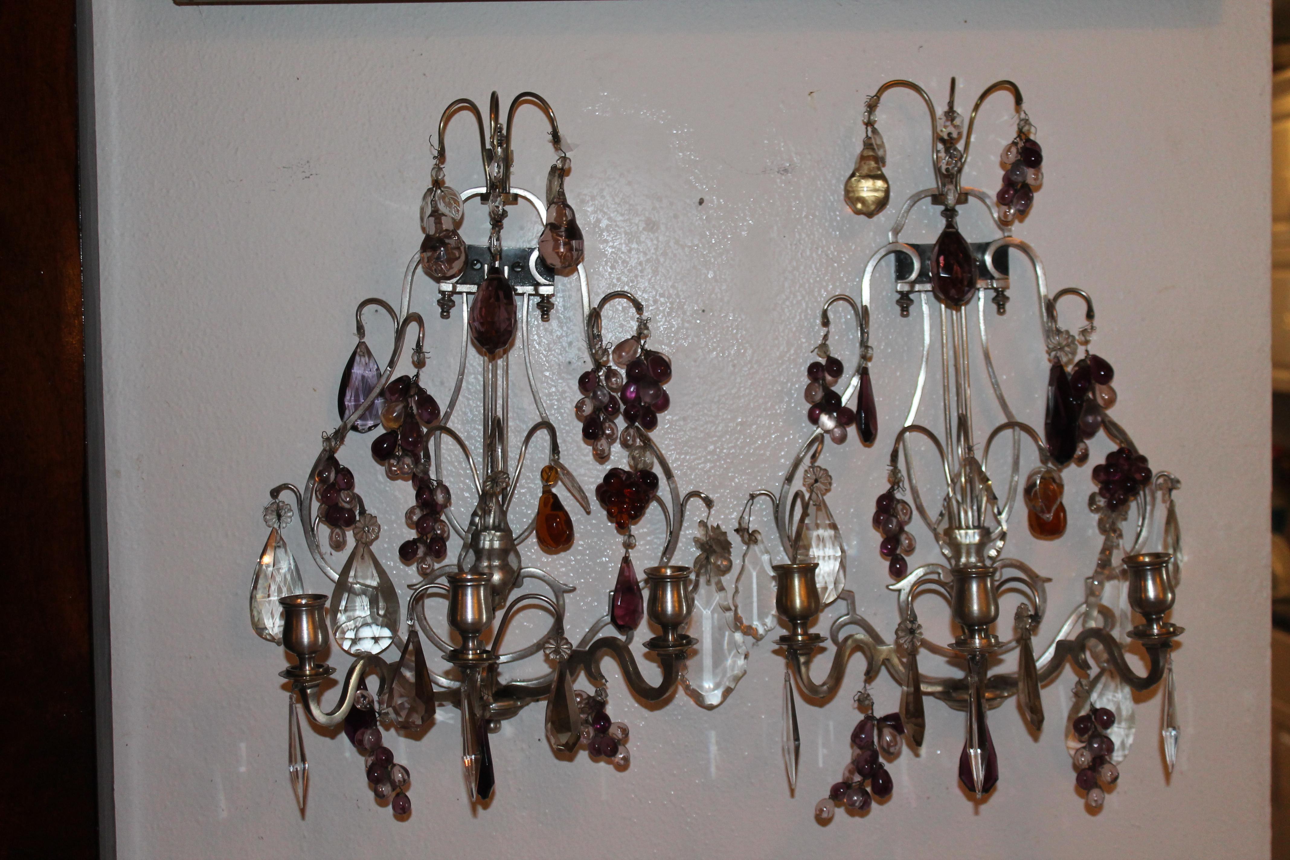 Pair 19thc French Silvered Bronze Louis XV Crystal Fruit Wall Sconces In Good Condition For Sale In Opa Locka, FL