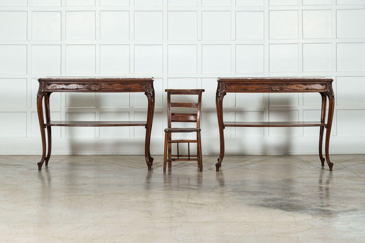 Pair 19thC French Walnut Marble Serving Tables In Good Condition For Sale In Staffordshire, GB