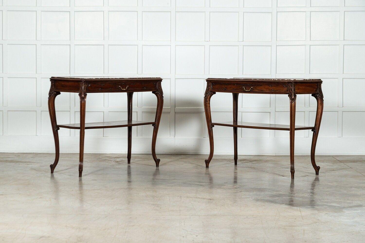 Pair 19thC French Walnut Marble Serving Tables For Sale 1