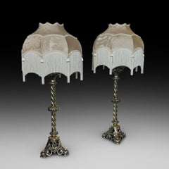 Pair 19thC. Gothic Brass Pricketstick Lamps