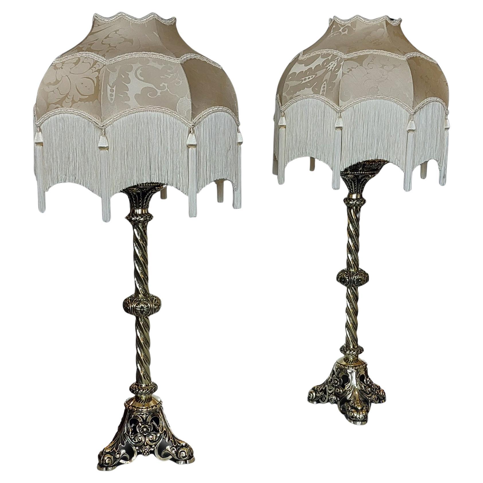 Pair 19thC. Gothic Brass Pricketstick Lamps