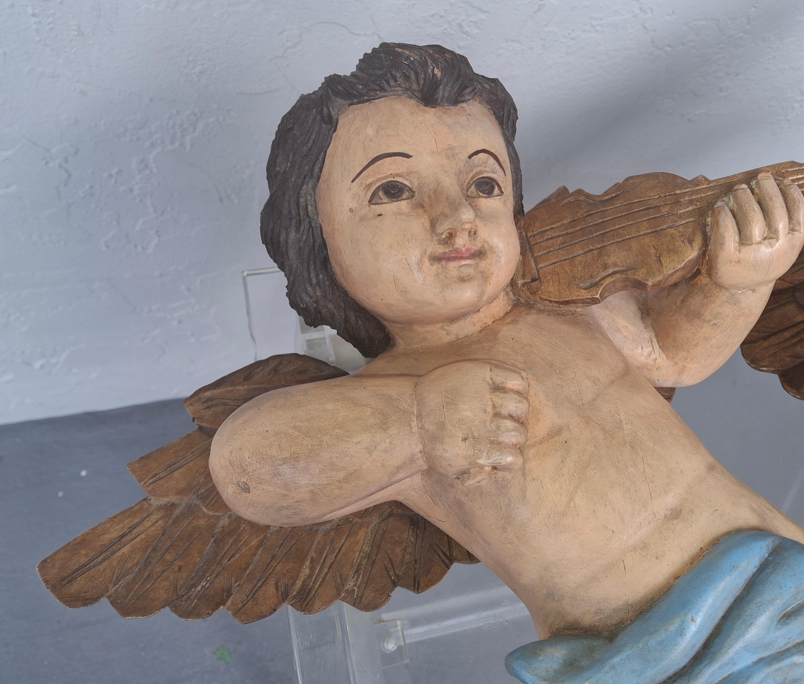 Coppia di sculture musicali a forma di cherubino in legno policromo del XIX secolo italiano in vendita 6