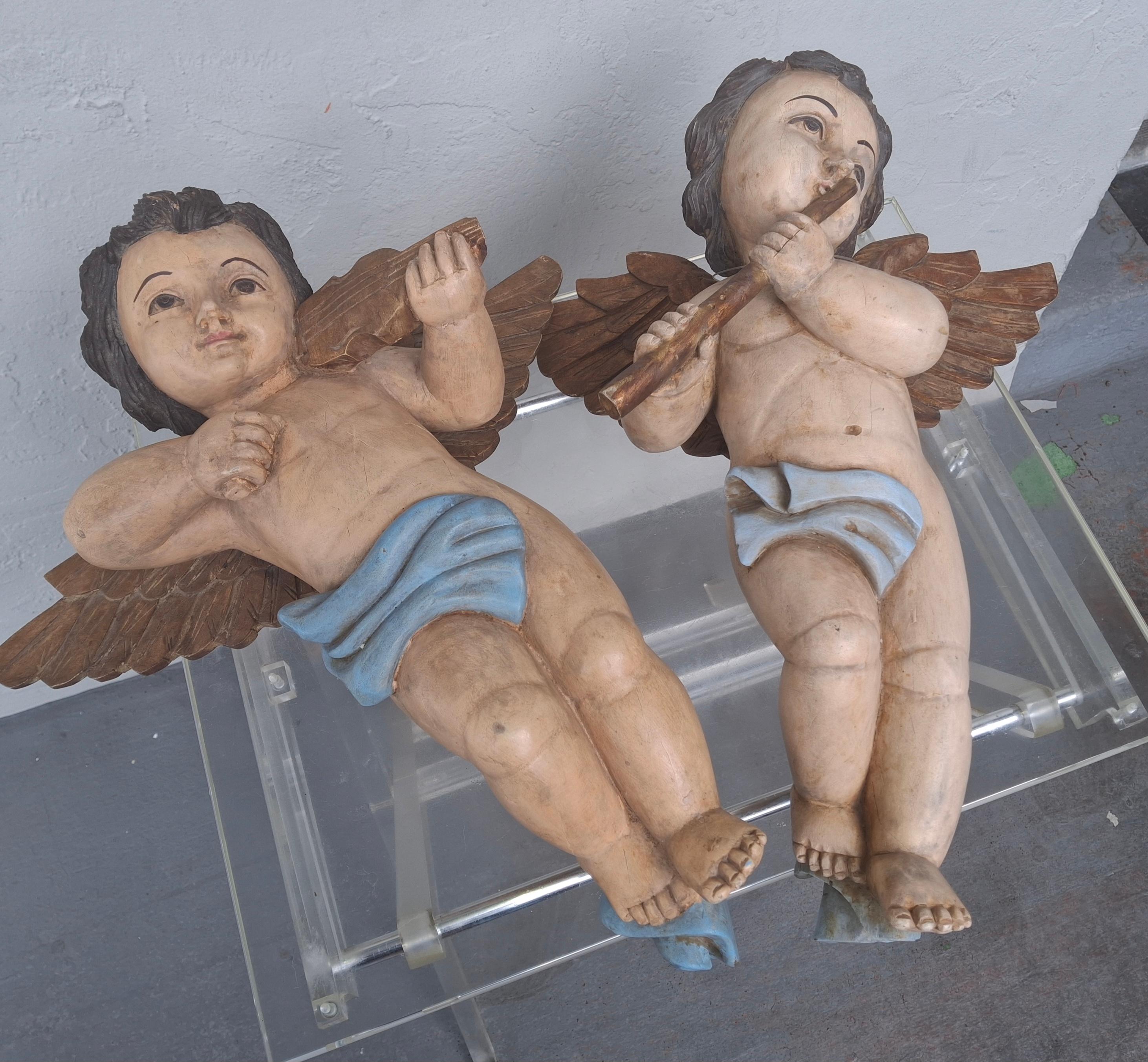 Coppia di sculture musicali a forma di cherubino in legno policromo del XIX secolo italiano in vendita 7