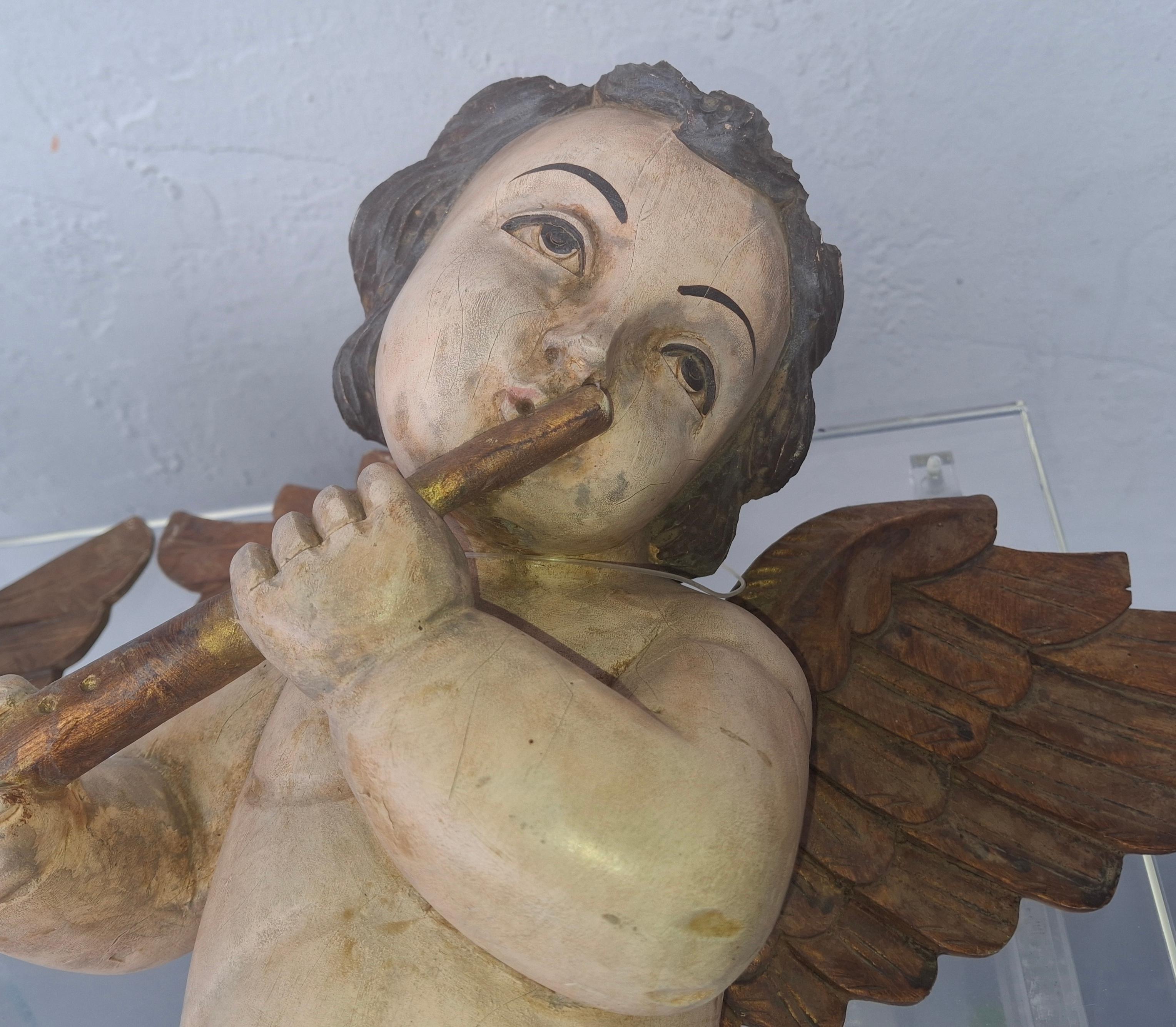 Coppia di sculture musicali a forma di cherubino in legno policromo del XIX secolo italiano in vendita 10