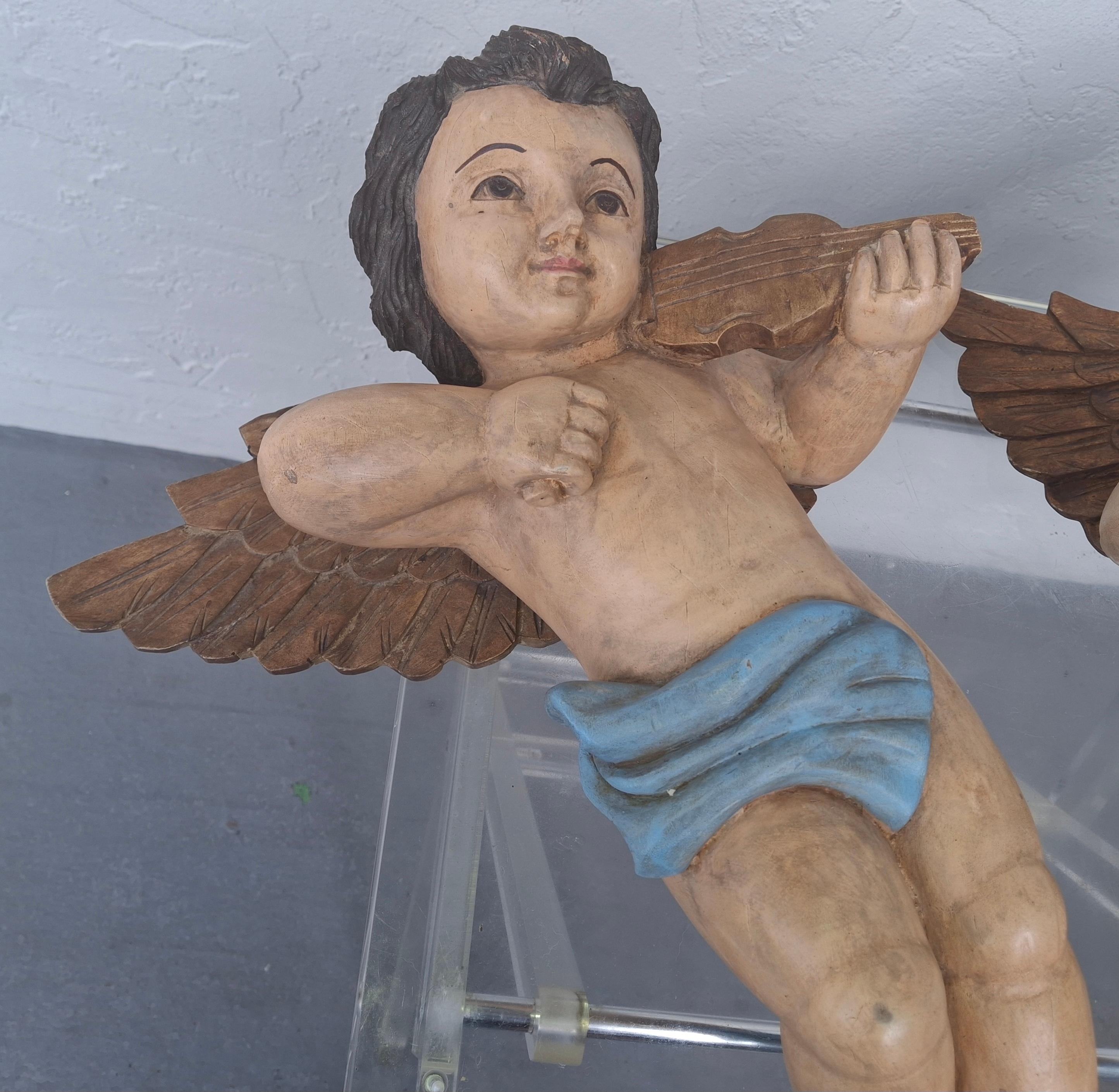 Coppia di sculture musicali a forma di cherubino in legno policromo del XIX secolo italiano in vendita 13