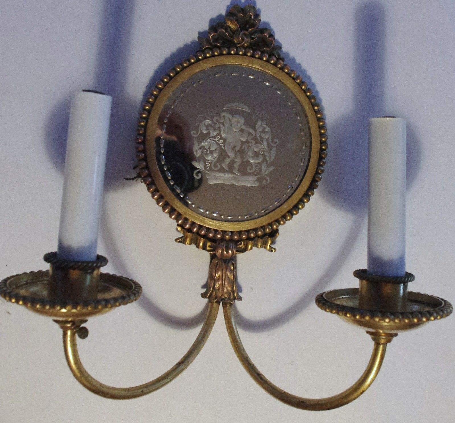 Bronze Pair 19thc Neoclassic Bronzw/Eglomise Cherubs Cavorting Wall Sconces by Caldwell For Sale