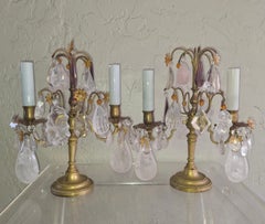 Pair 19thc Opulent French Louis XVI Rock Crystal/ Bronze Table Lamps/ Girandoles