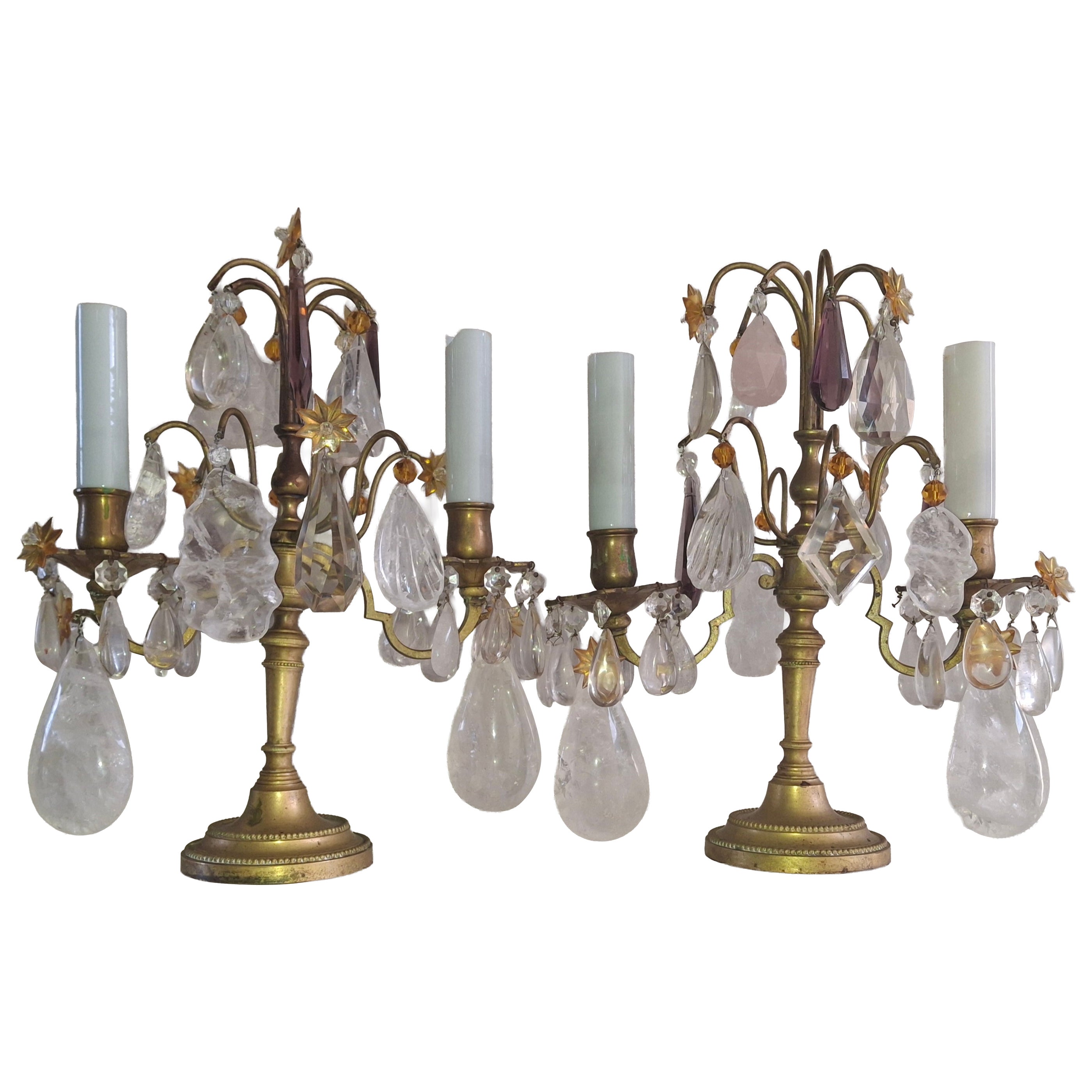 Pair 19thc Opulent French Louis XVI Rock Crystal/ Bronze Table Lamps/ Girandoles in vendita