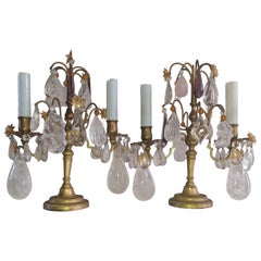 Pair 19thc Opulent French Louis XVI Rock Crystal/ Bronze Table Lamps/ Girandoles