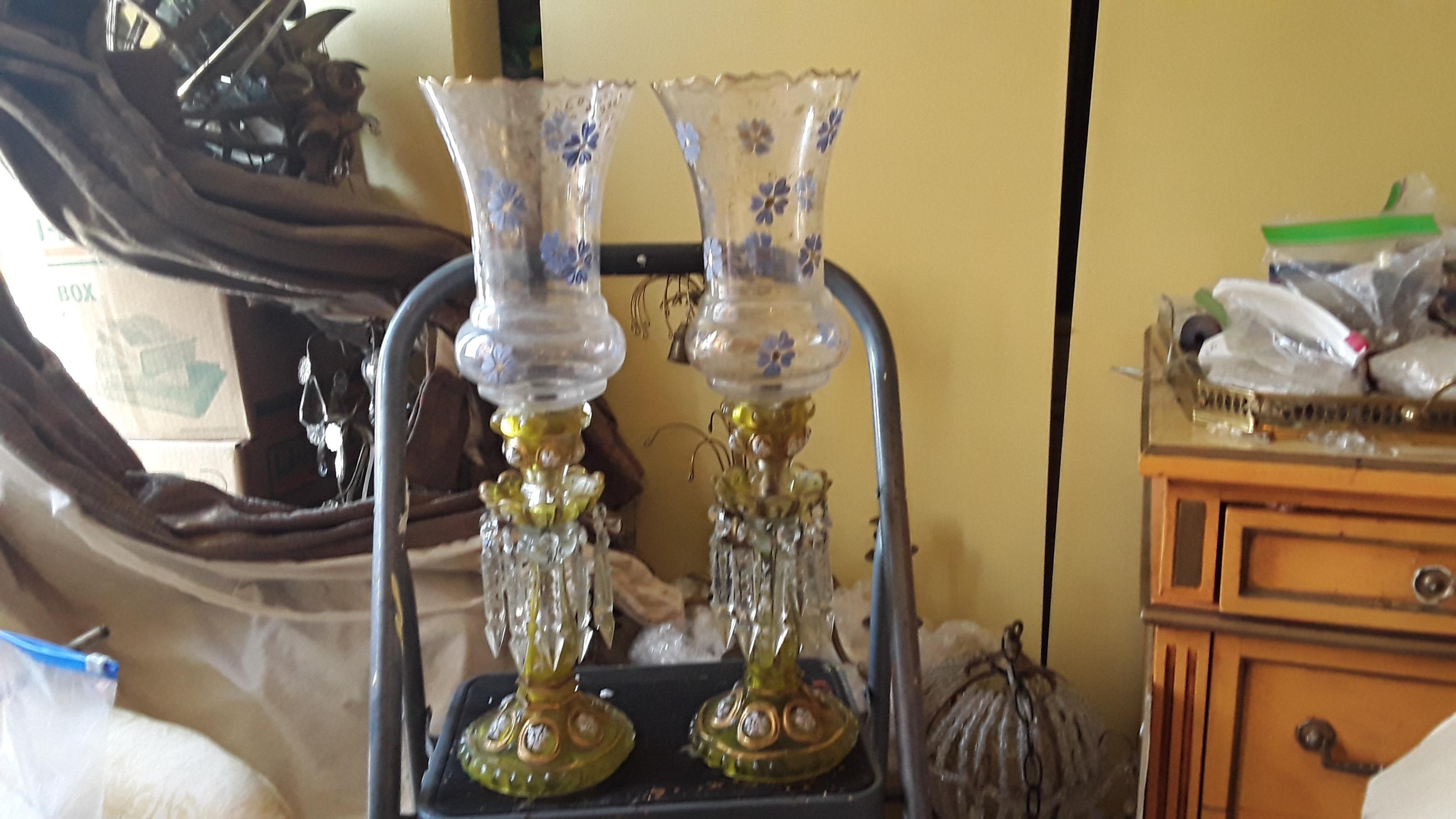 Pair 19thc French for Qajar Dynasty Amber with Hand Painted Floral Enamelled Table Lamps / Candle Holders with Crystal Shades.
Manufactured by Baccarat. The amber body is floral decorated - white enamel and the shades blue floral work. Rare pair.