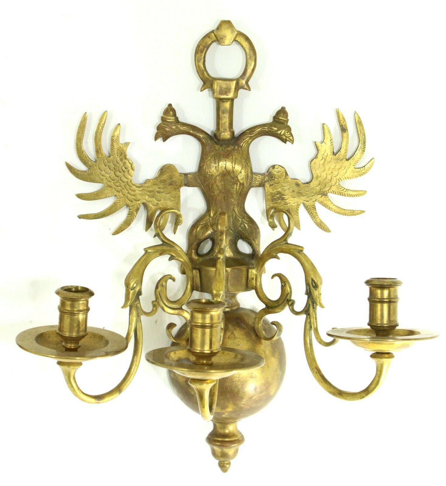 Pair 19thc Russian Imperial Gold Bronze Wall Candle Sconces.  Eagle Decoration In Good Condition For Sale In Opa Locka, FL