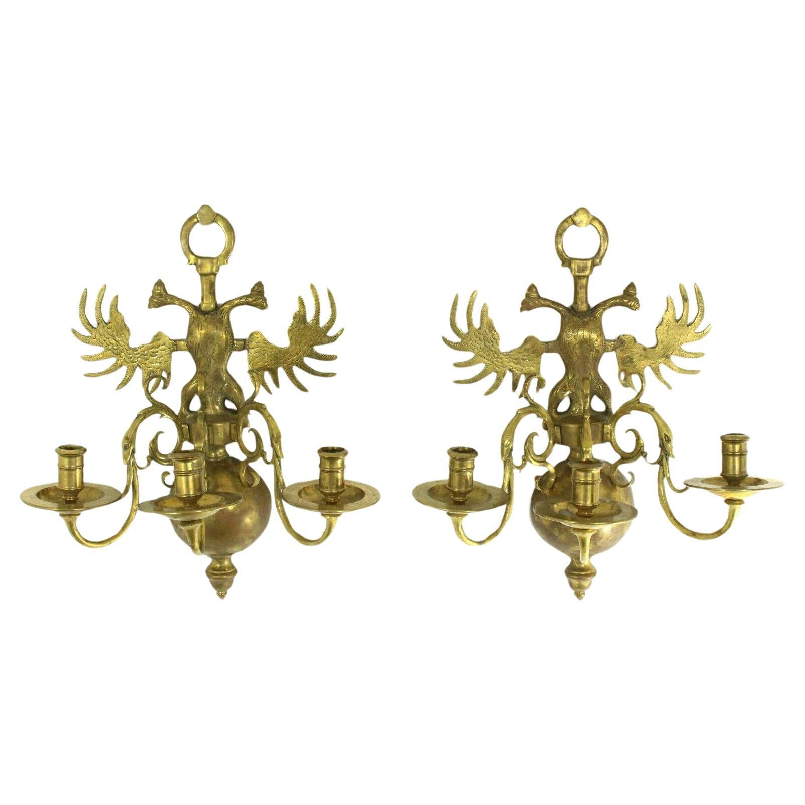 Pair 19thc Russian Imperial Gold Bronze Wall Candle Sconces.  Eagle Decoration For Sale