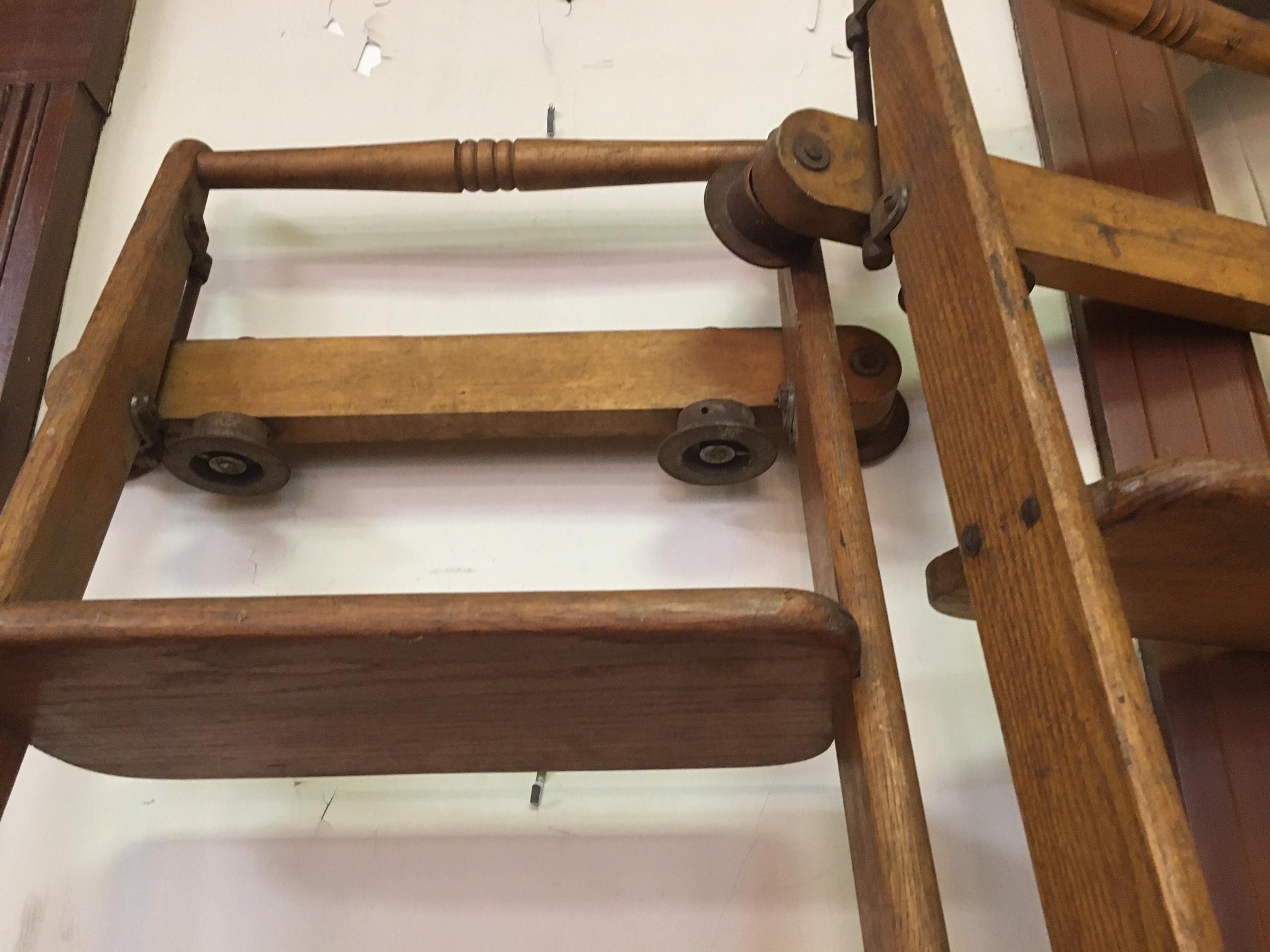Pair 19thc Tall Haberdashery Tall Rolling Industrial Solid Oak Ladders For Sale 5