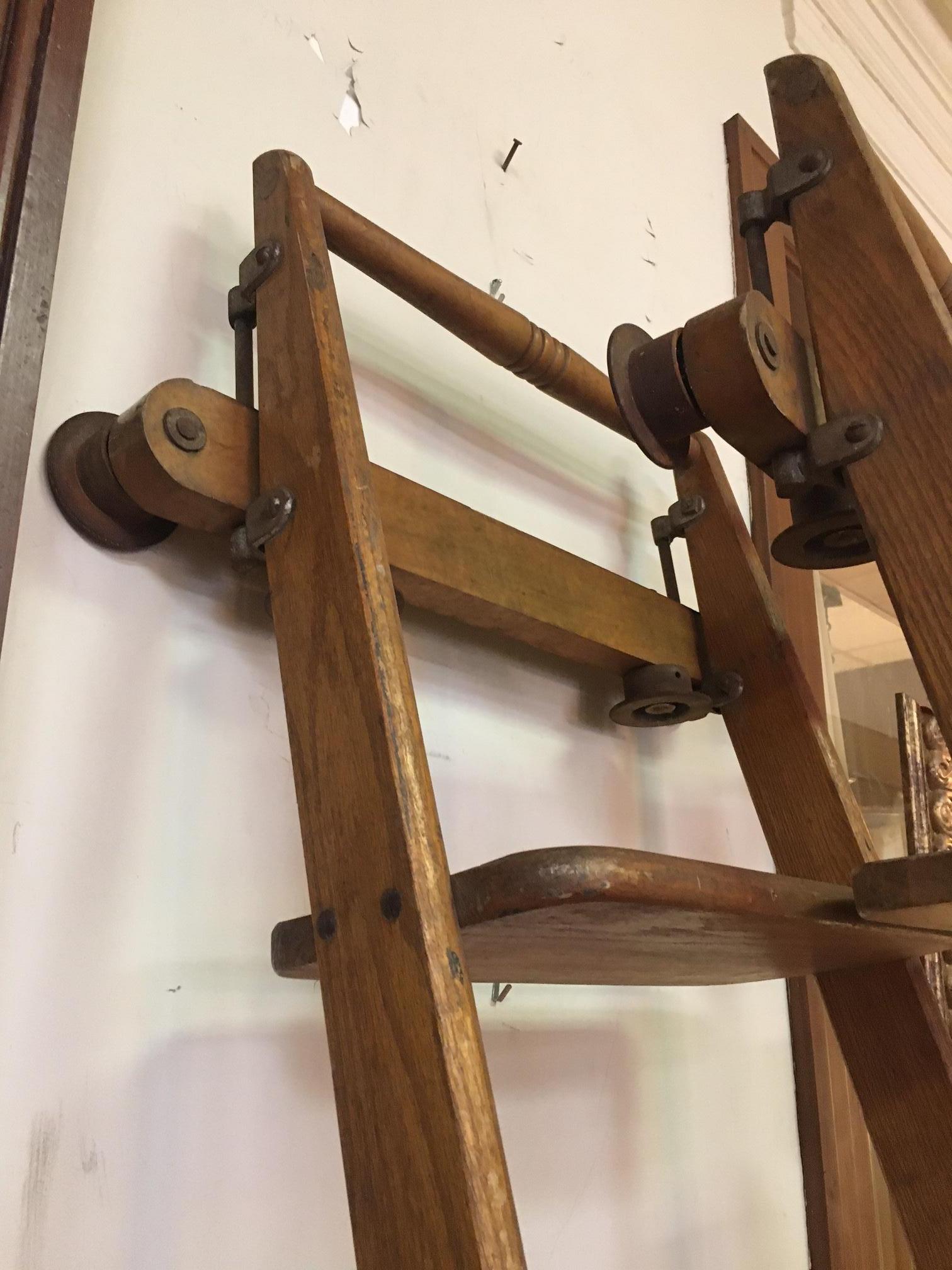 Metal Pair 19thc Tall Haberdashery Tall Rolling Industrial Solid Oak Ladders For Sale