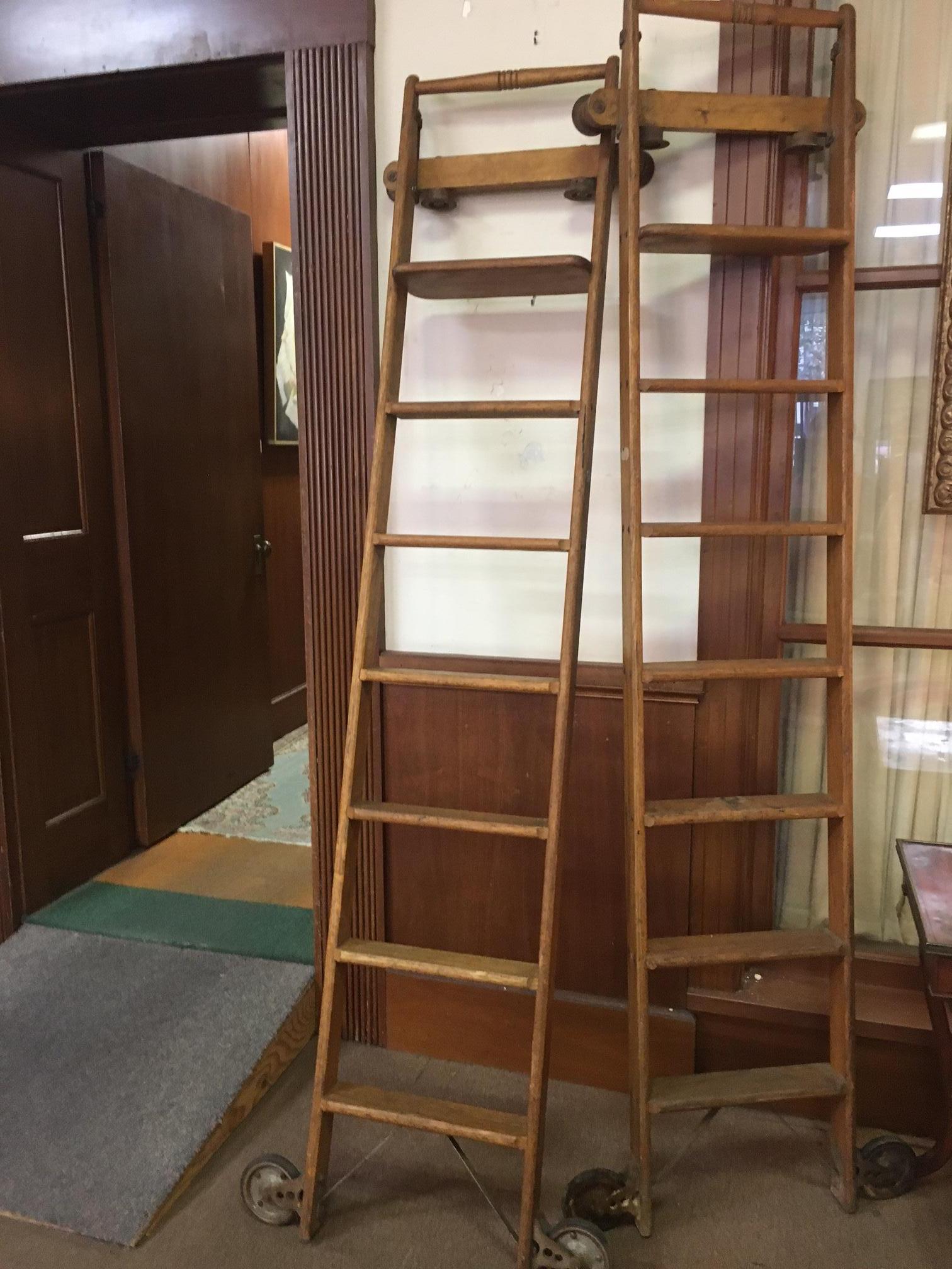 Pair 19thc Tall Haberdashery Tall Rolling Industrial Solid Oak Ladders For Sale 1