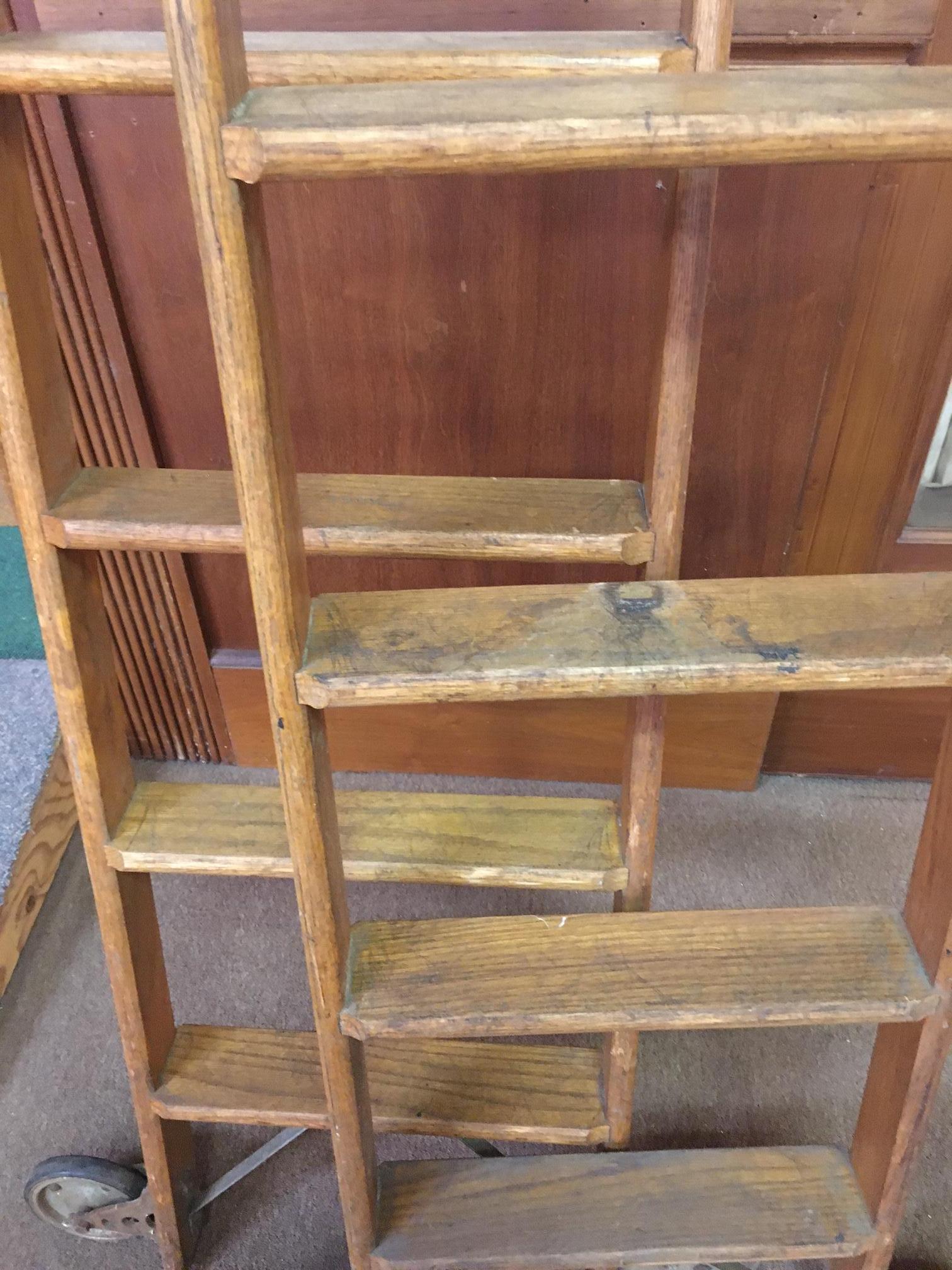 Pair 19thc Tall Haberdashery Tall Rolling Industrial Solid Oak Ladders For Sale 2
