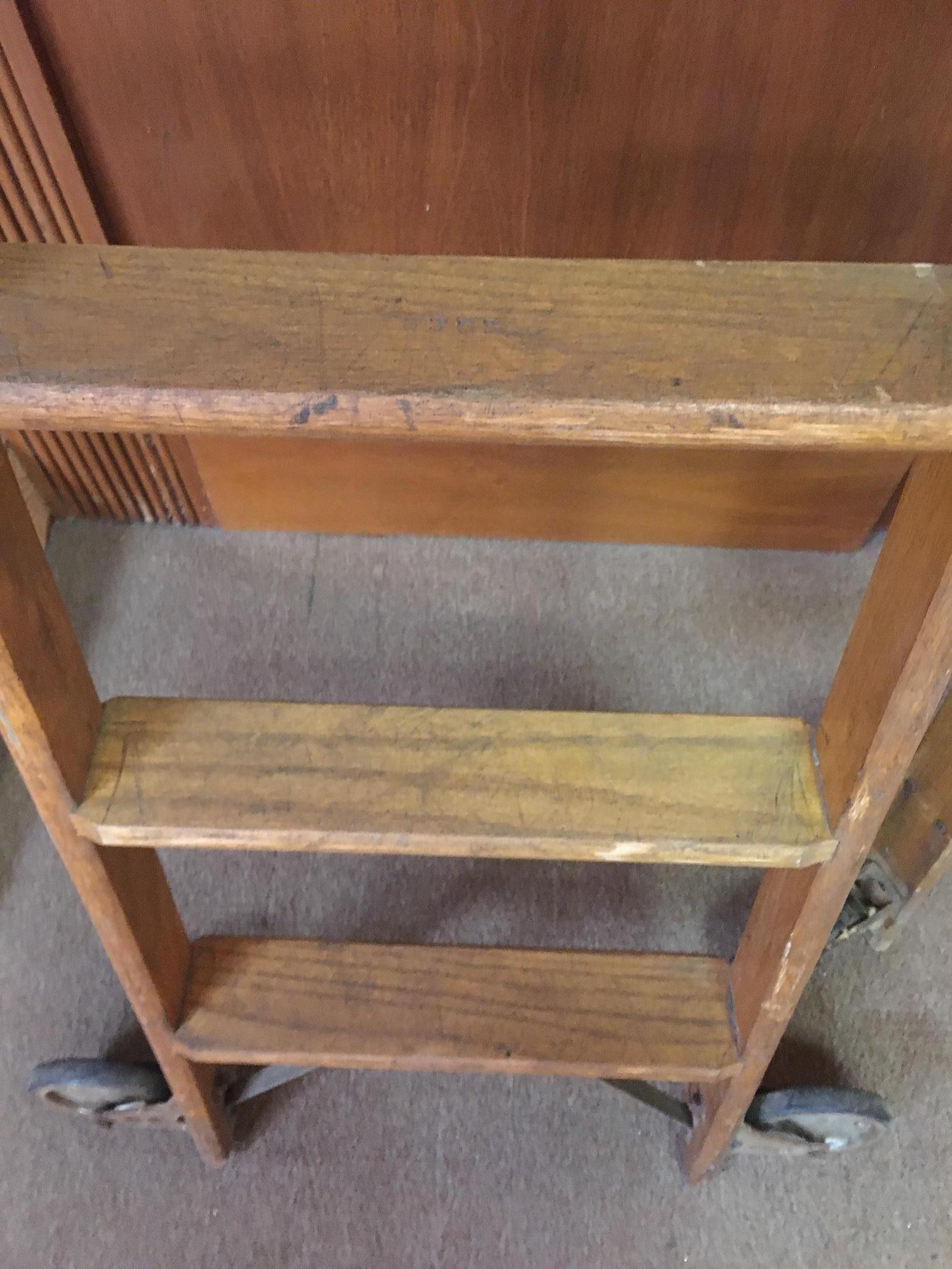 Pair 19thc Tall Haberdashery Tall Rolling Industrial Solid Oak Ladders For Sale 3