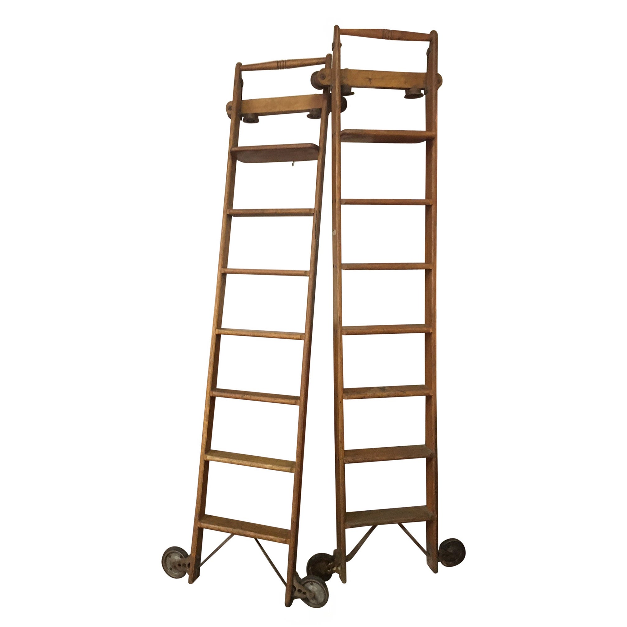 Pair 19thc Tall Haberdashery Tall Rolling Industrial Solid Oak Ladders For Sale