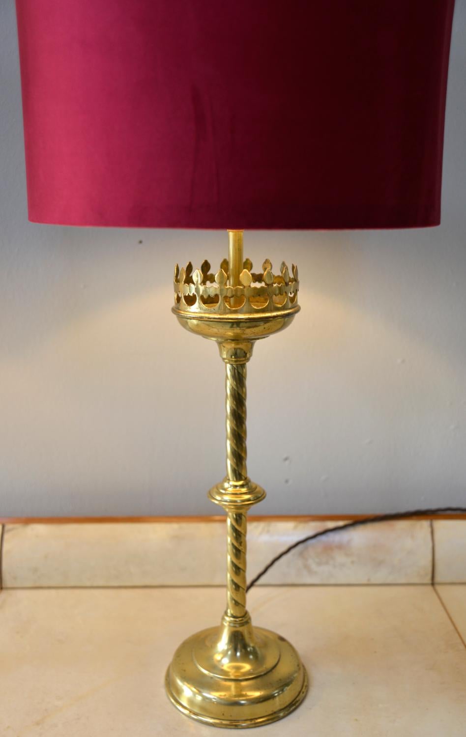 Pair 19thC Victorian Brass Gothic Church Ecclesiastical Candlestick Table Lamps For Sale 4
