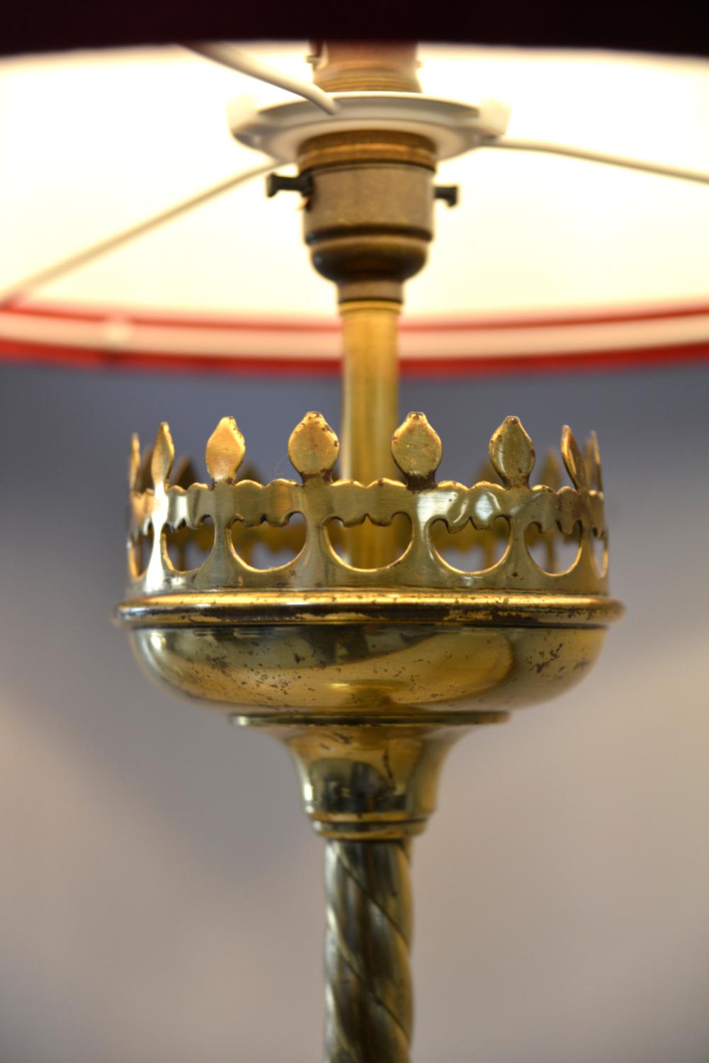 Pair 19thC Victorian Brass Gothic Church Ecclesiastical Candlestick Table Lamps For Sale 5
