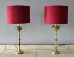 Pair 19thC Victorian Brass Gothic Church Ecclesiastical Candlestick Table Lamps