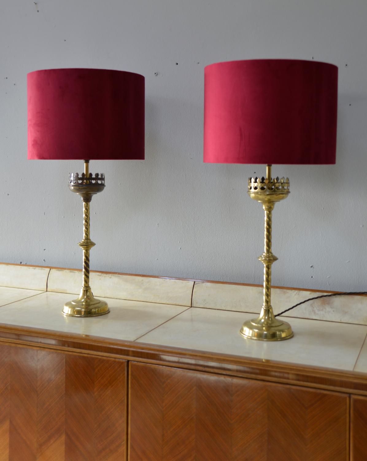 Gothic Revival Pair 19thC Victorian Brass Gothic Church Ecclesiastical Candlestick Table Lamps For Sale