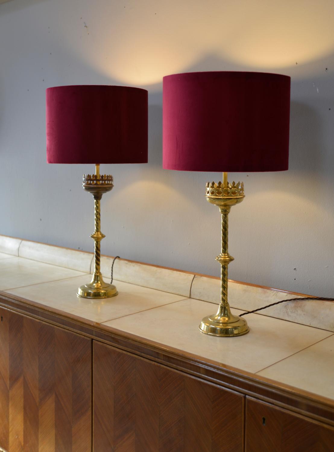 Belgian Pair 19thC Victorian Brass Gothic Church Ecclesiastical Candlestick Table Lamps For Sale