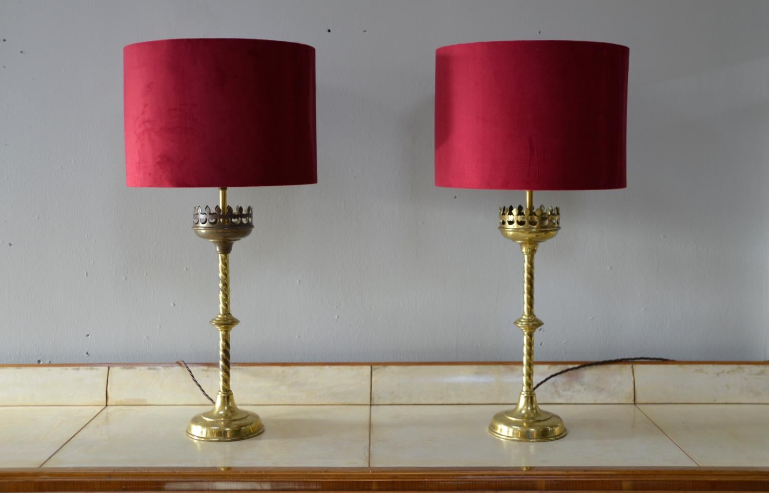 19th Century Pair 19thC Victorian Brass Gothic Church Ecclesiastical Candlestick Table Lamps For Sale
