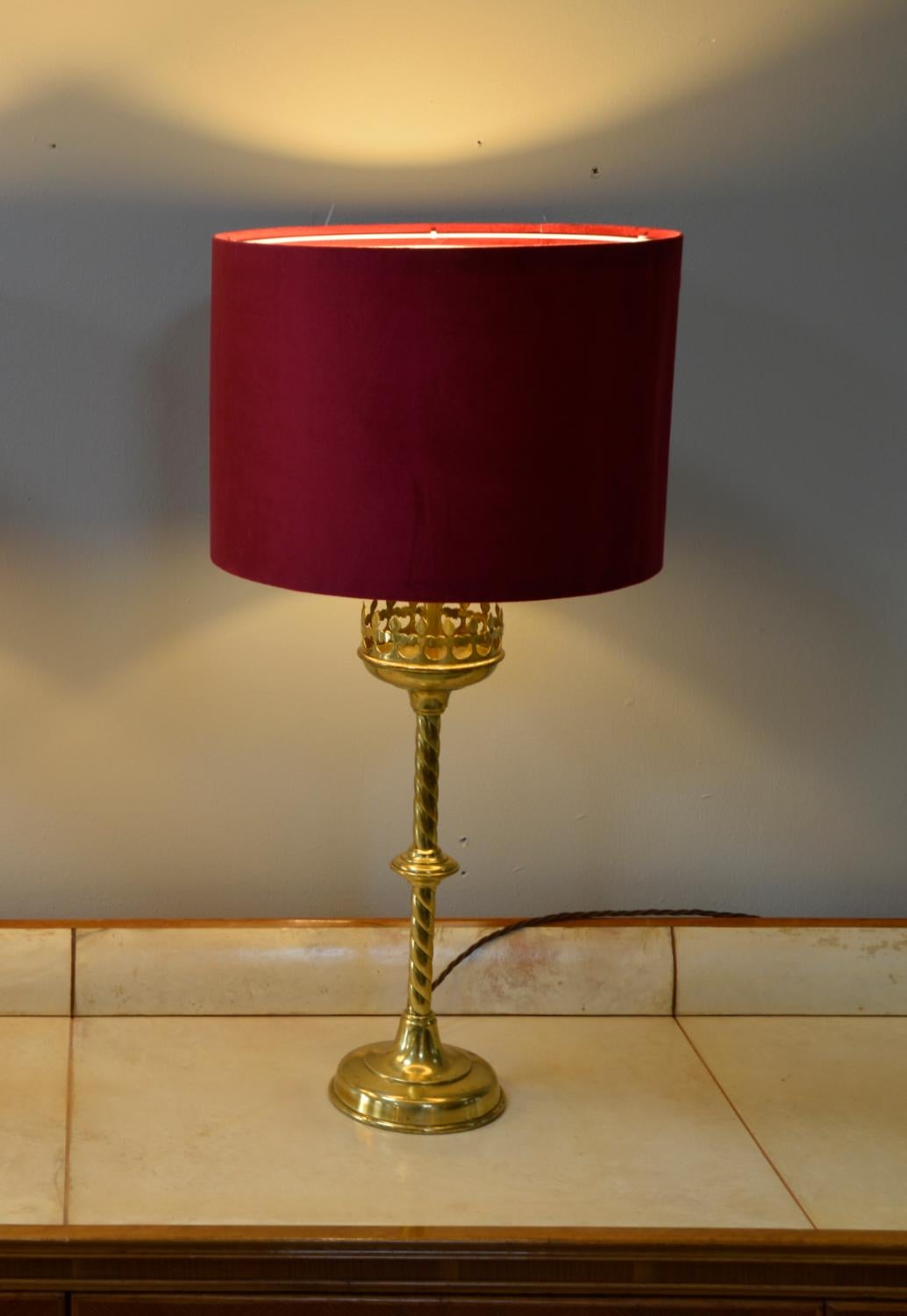 Pair 19thC Victorian Brass Gothic Church Ecclesiastical Candlestick Table Lamps For Sale 2