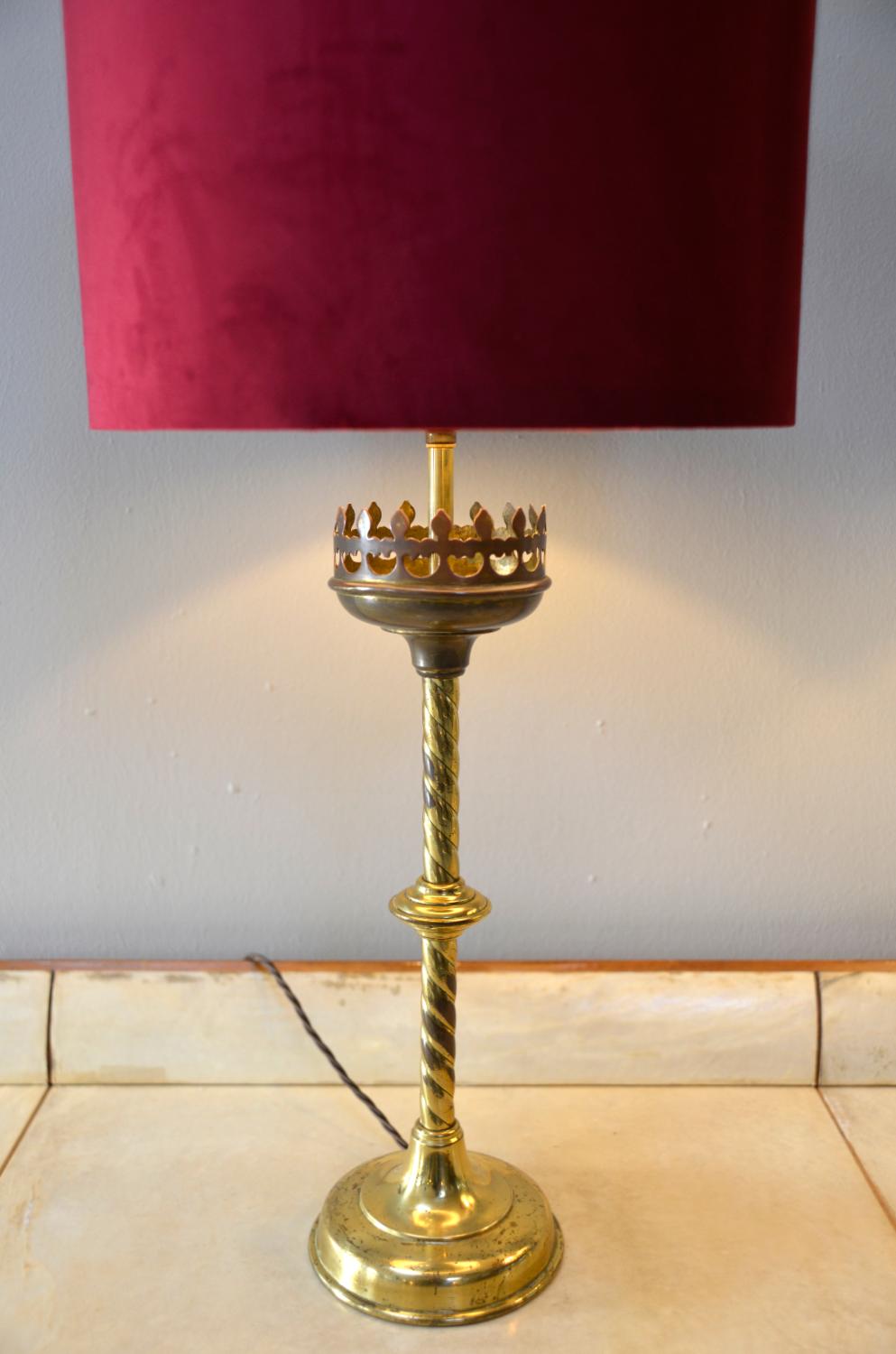 Pair 19thC Victorian Brass Gothic Church Ecclesiastical Candlestick Table Lamps For Sale 3
