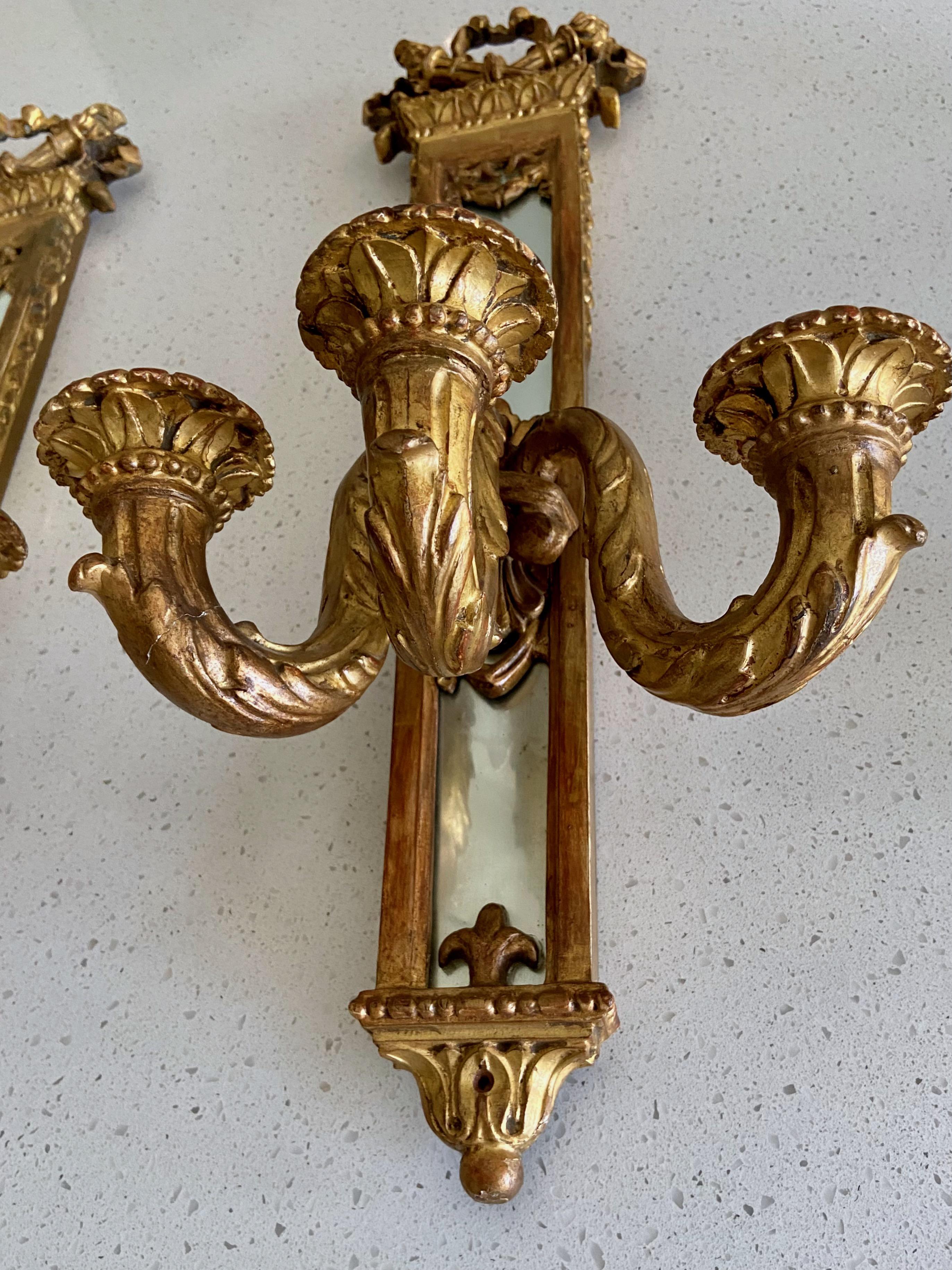 Pair 19th Century Gilt Louis XVI Candle Mirrored Wall Sconces For Sale 11
