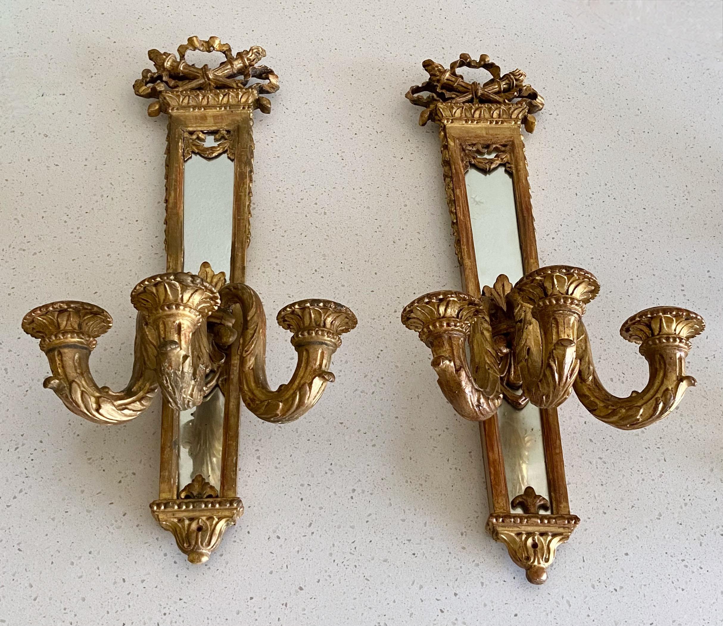 Pair 19th Century Gilt Louis XVI Candle Mirrored Wall Sconces For Sale 13