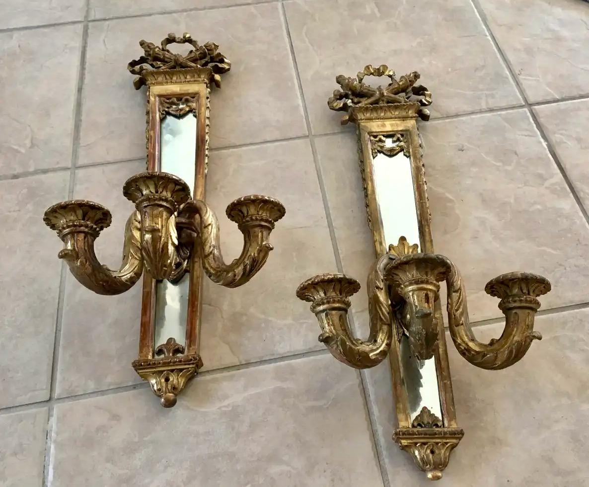 Pair 19th Century Gilt Louis XVI Candle Mirrored Wall Sconces For Sale 14